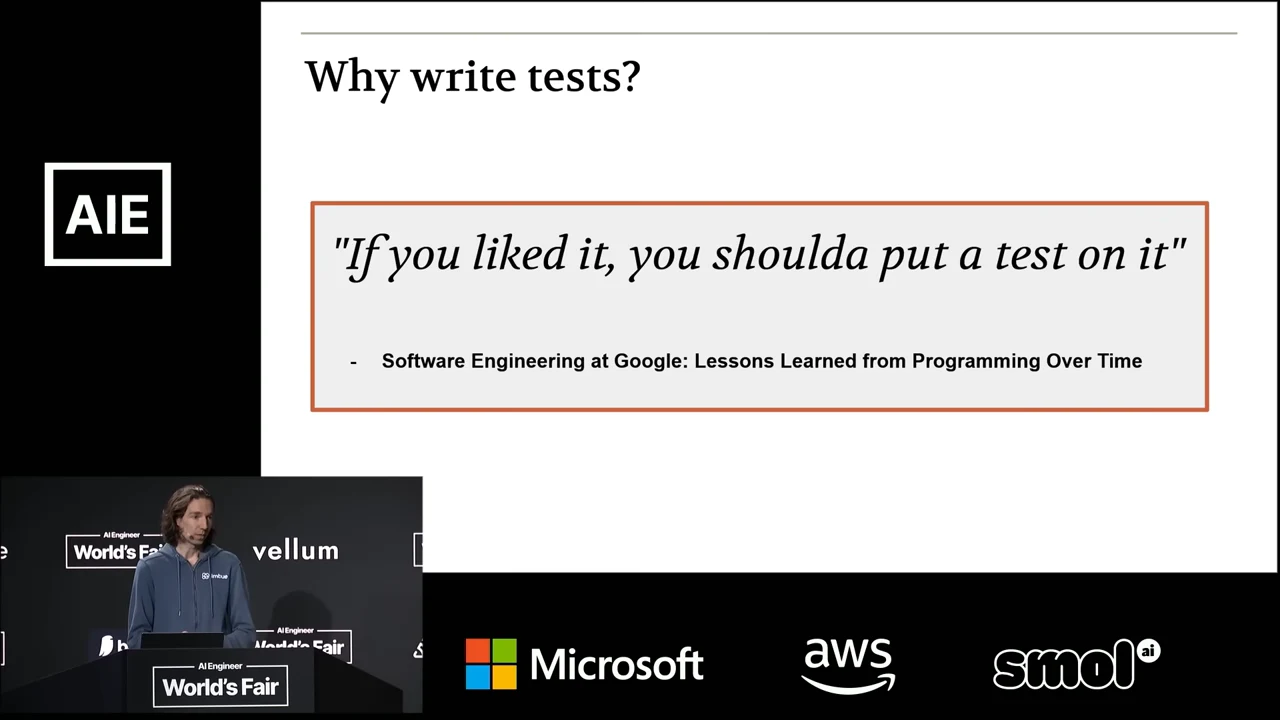 Slide titled “Why write tests?” shows a boxed quotation, “If you liked it, you shoulda put a test on it,” attributed to Software Engineering at Google: Lessons Learned from Programming Over Time.