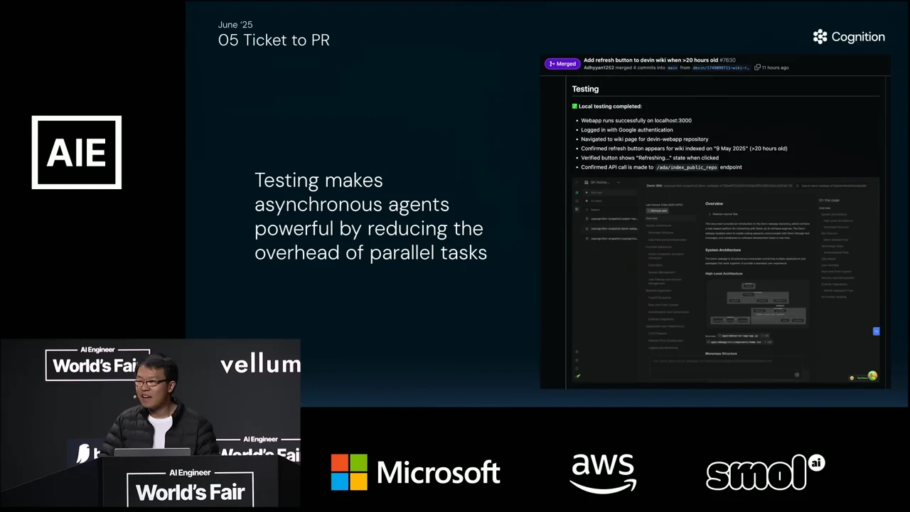 Ticket to PR slide with a testing checklist labeled Local testing complete above an application screenshot.