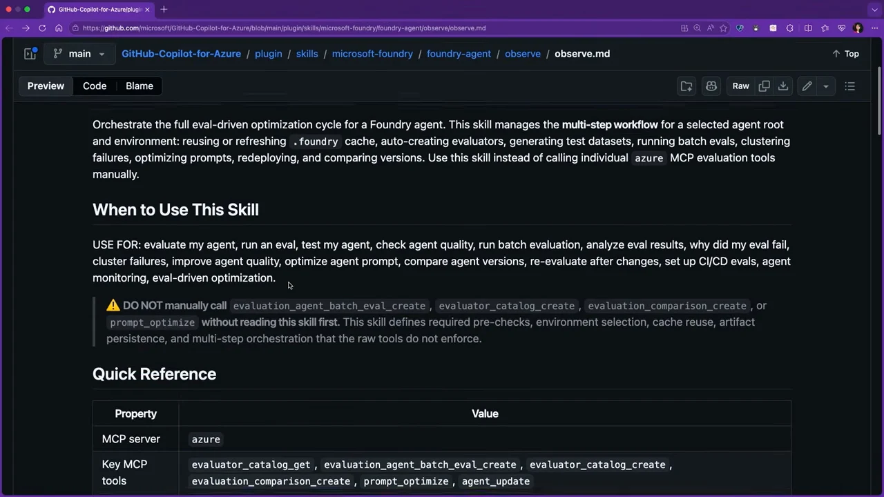 GitHub preview of observe.md showing its workflow overview, When to Use This Skill section, and Quick Reference table.