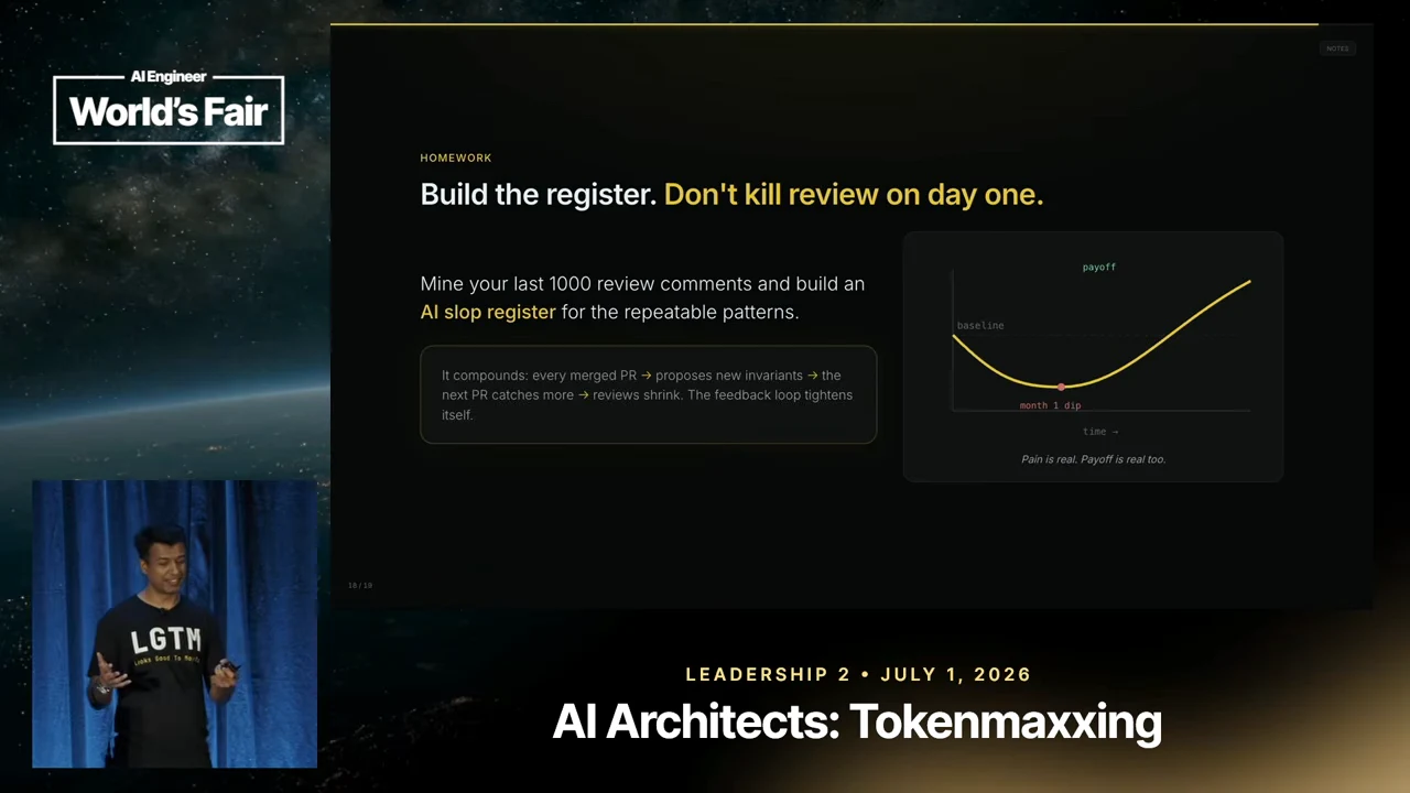 Slide titled “Build the register. Don't kill review on day one.” Text recommends mining the last 1000 review comments, beside a curve dipping below baseline before rising toward payoff.