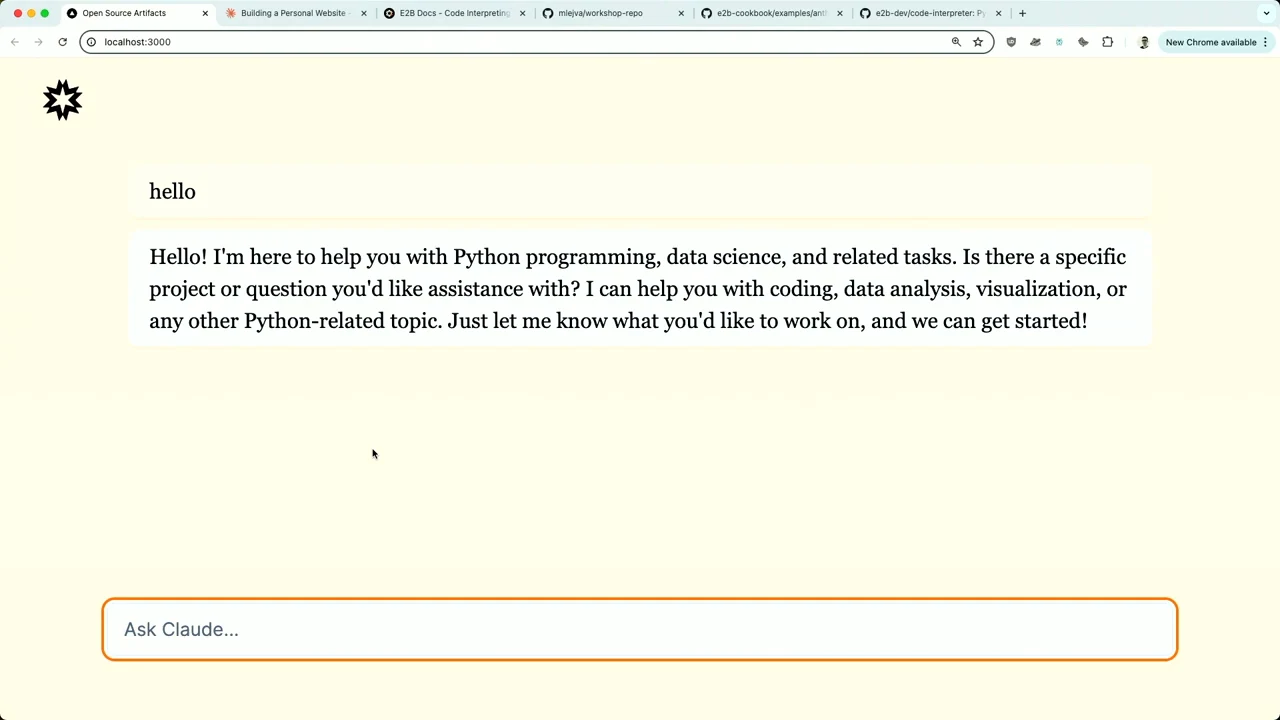 Browser showing a hello message and an assistant response offering help with Python programming and data science.