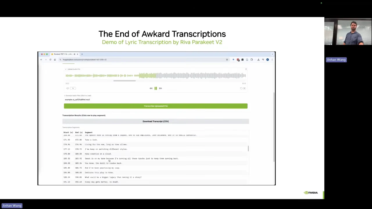 Slide titled The End of Awkward Transcriptions contains a browser demo with a partially green audio waveform, playback controls, and a timestamped transcription table.