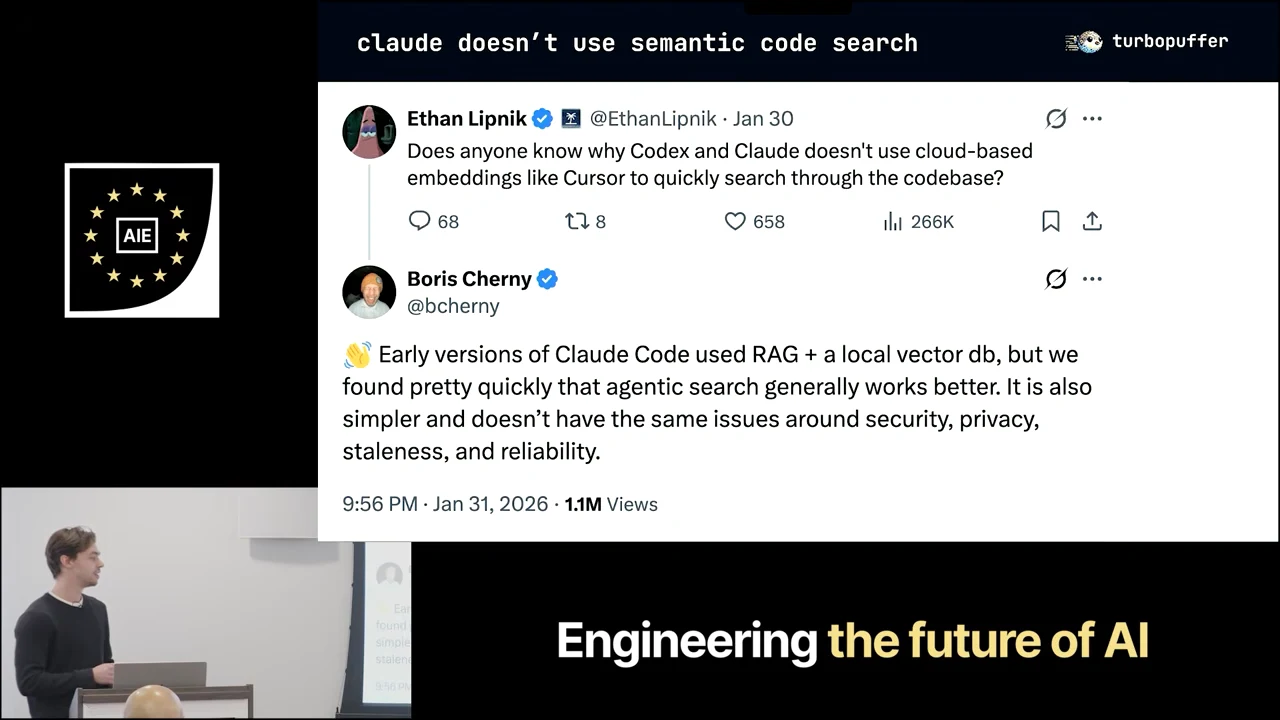 Slide titled “claude doesn’t use semantic code search” showing Ethan Lipnik’s question and Boris Cherny’s reply about agentic search.