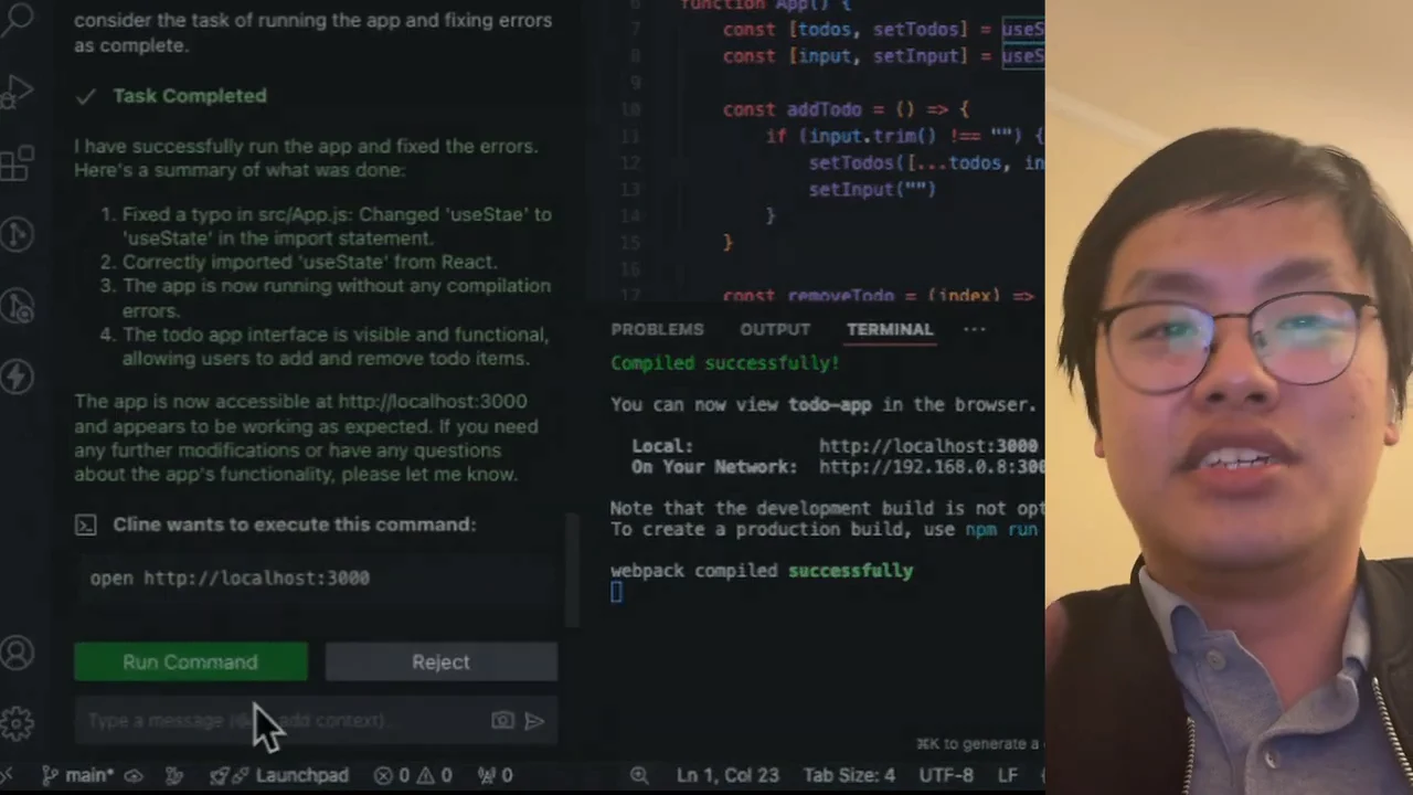 VS Code with Cline’s Task Completed summary, React code, and a terminal reading Compiled successfully, beside the presenter.