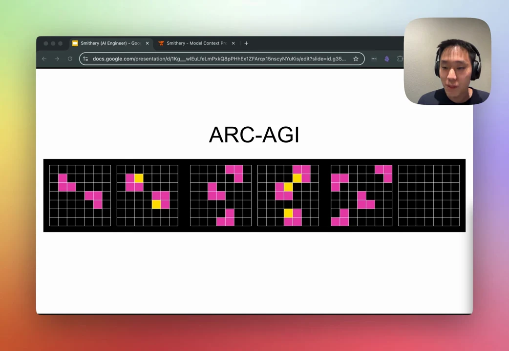 ARC-AGI slide with six black grids containing pink and yellow shapes; the rightmost grid is empty.