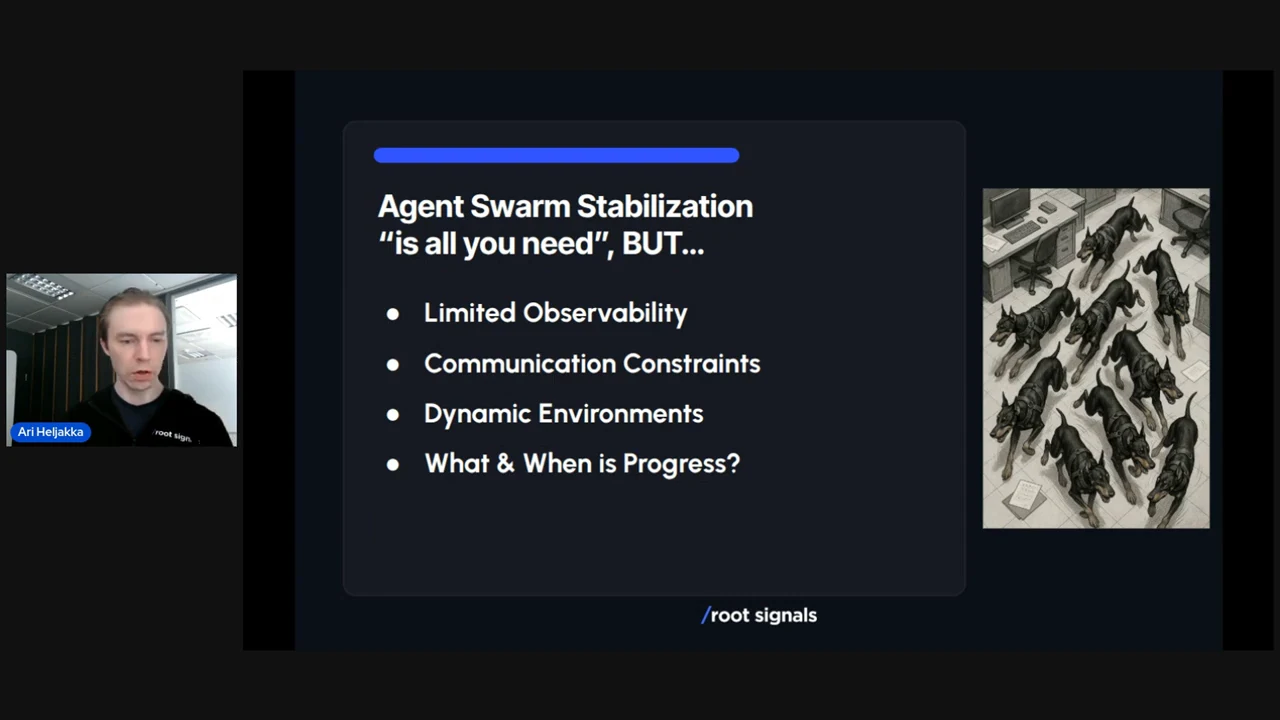 Slide listing four challenges to agent swarm stabilization beside an illustration of dogs scattered around an office.