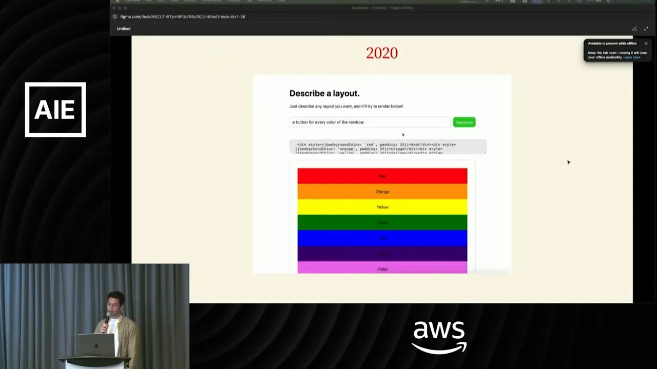 A slide marked 2020 shows “Describe a layout,” a prompt requesting rainbow-colored buttons, generated code, and seven colored rows labeled Red through Violet.