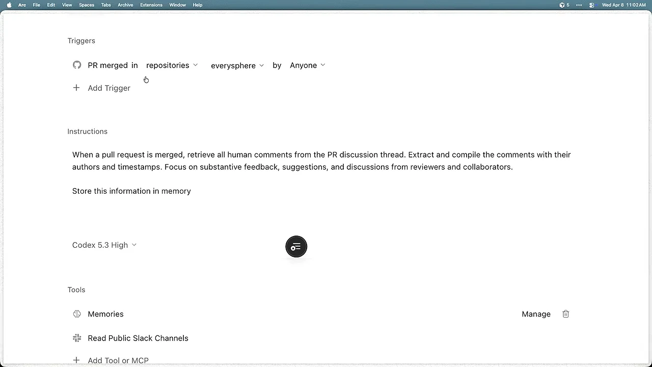 Automation configuration shows a PR merged trigger, instructions to retrieve human comments with authors and timestamps, and a Memories tool.