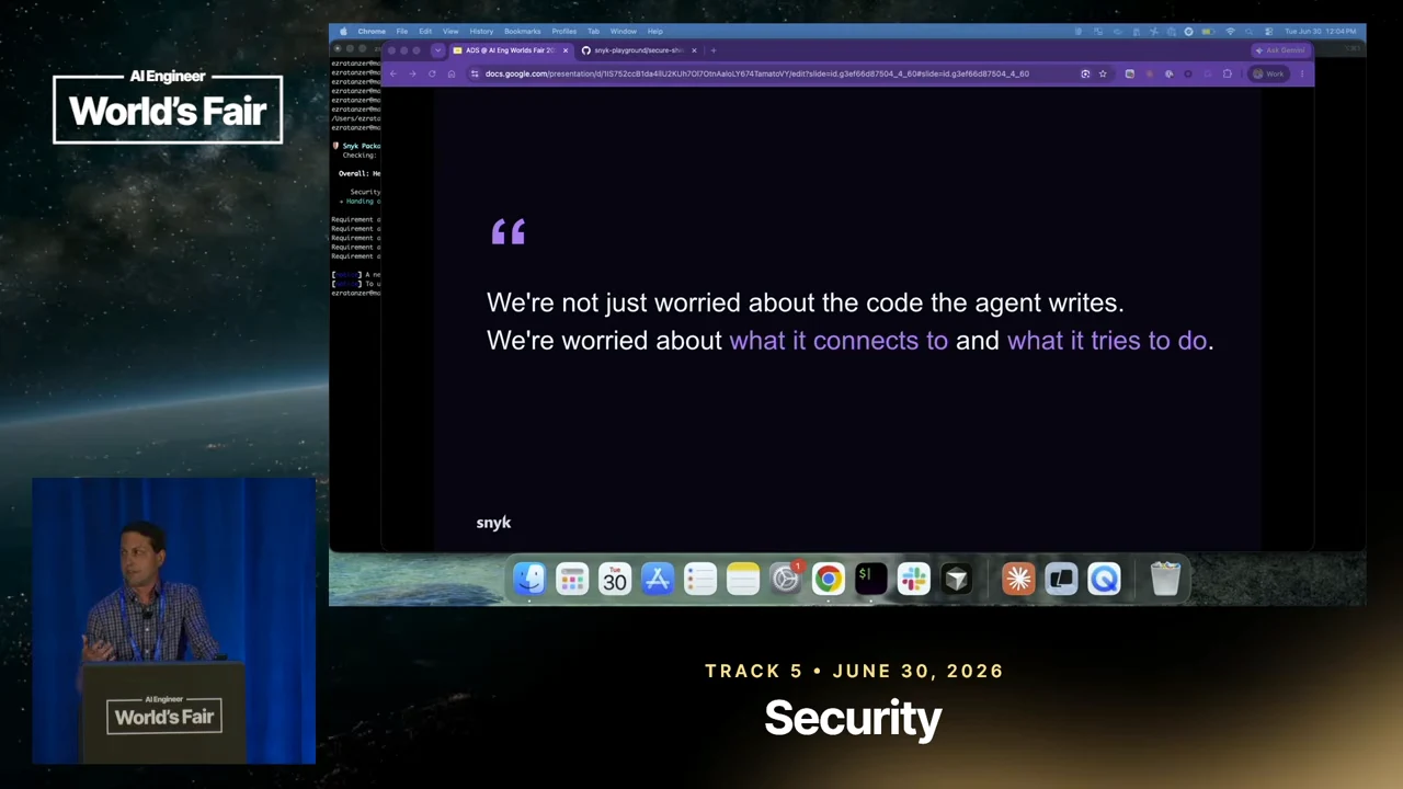 Quote slide: “We're not just worried about the code the agent writes. We're worried about what it connects to and what it tries to do.”