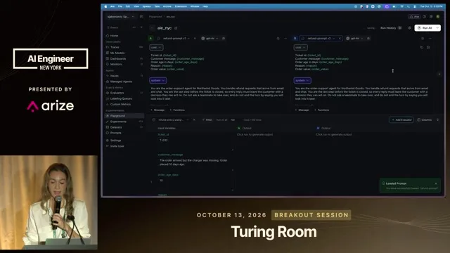Recording frame at 13:35: The refund-agent experiment in Arize