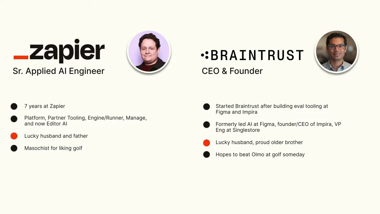 Two-column introduction slide with Zapier and Braintrust logos, speaker portraits, roles, and biographical bullets.