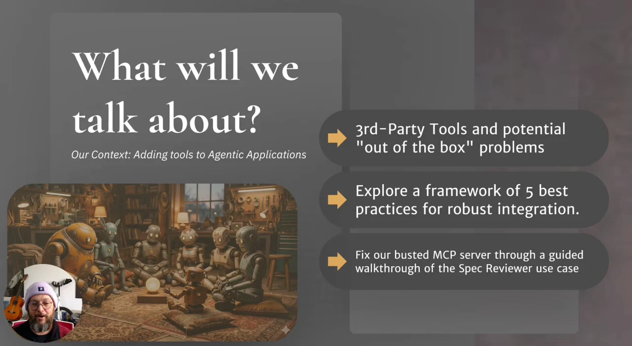 Agenda slide with three topic boxes beside an illustration of robots gathered in a workshop.