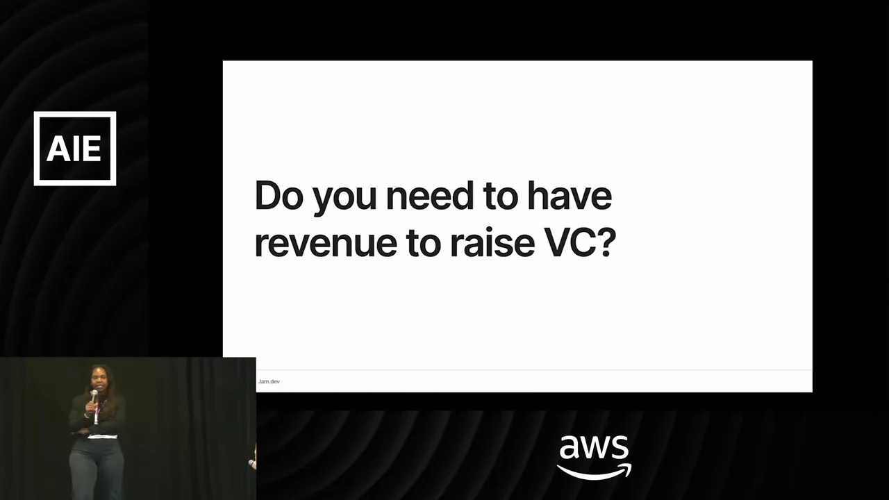 Slide asking “Do you need to have revenue to raise VC?” with a speaker inset at the lower left.