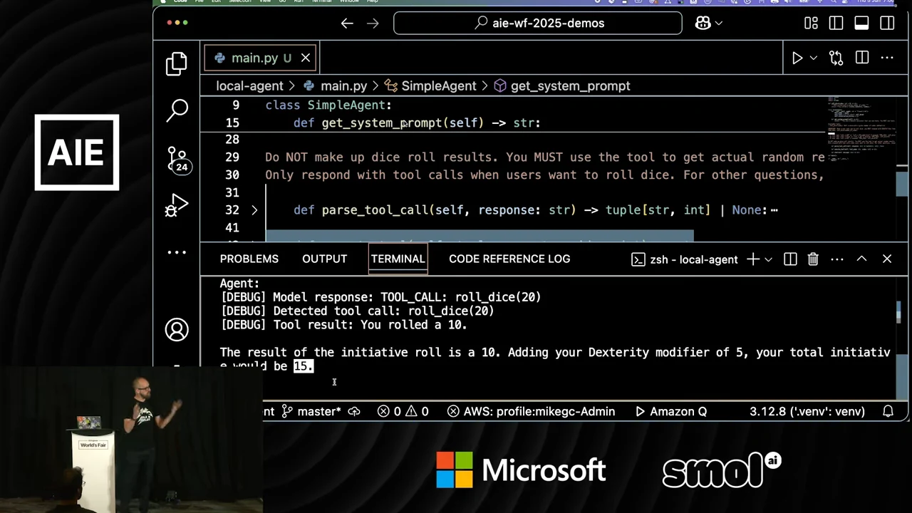 Terminal output shows roll_dice(20), a tool result of 10, and an initiative total of 15, with 15 highlighted.