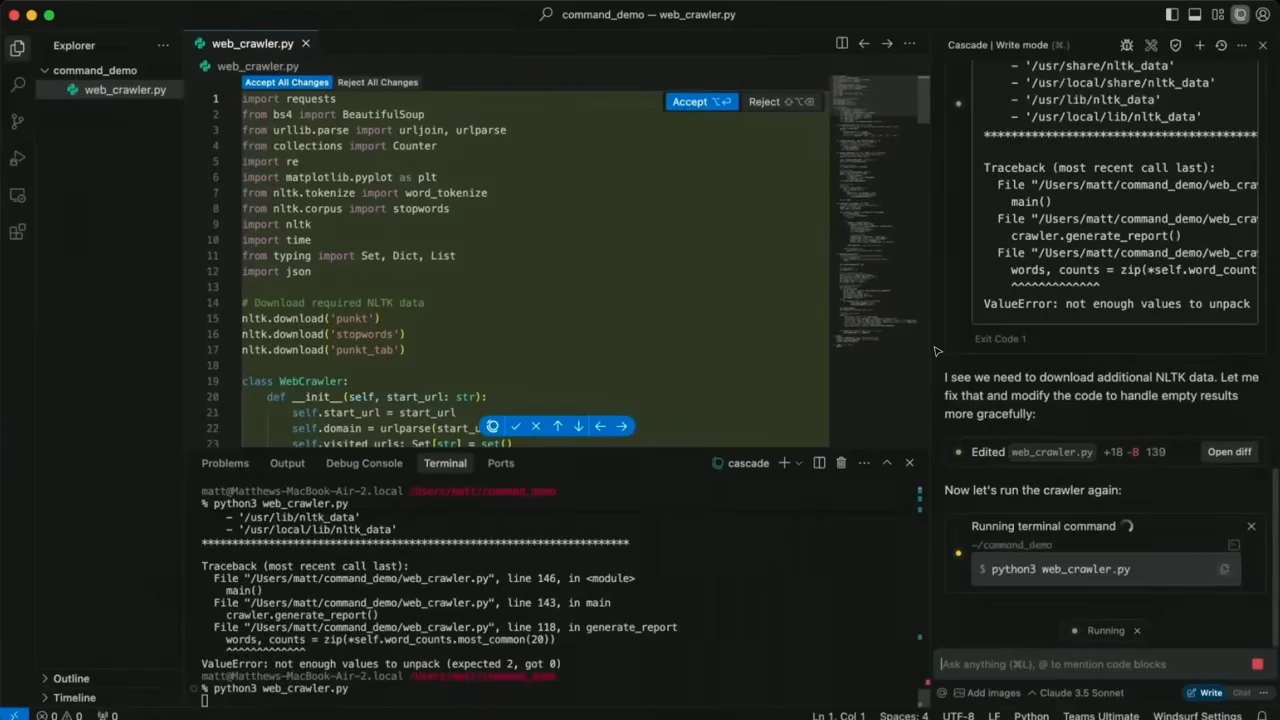 Windsurf showing web_crawler.py with accept and reject controls, a terminal traceback, and Cascade proposing a fix and running the crawler again.