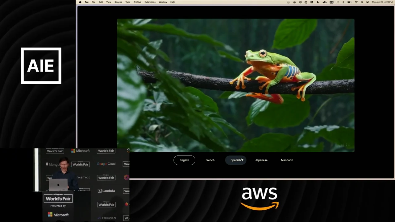 A colorful frog on a branch above English, French, Spanish, Japanese, and Mandarin language controls.
