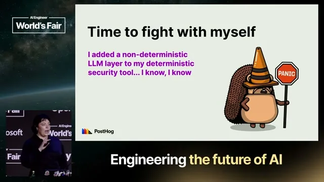 Selected presentation frame from We let an AI agent execute Bash and lived to talk about it — Sarah Sanders, PostHog at 944 seconds