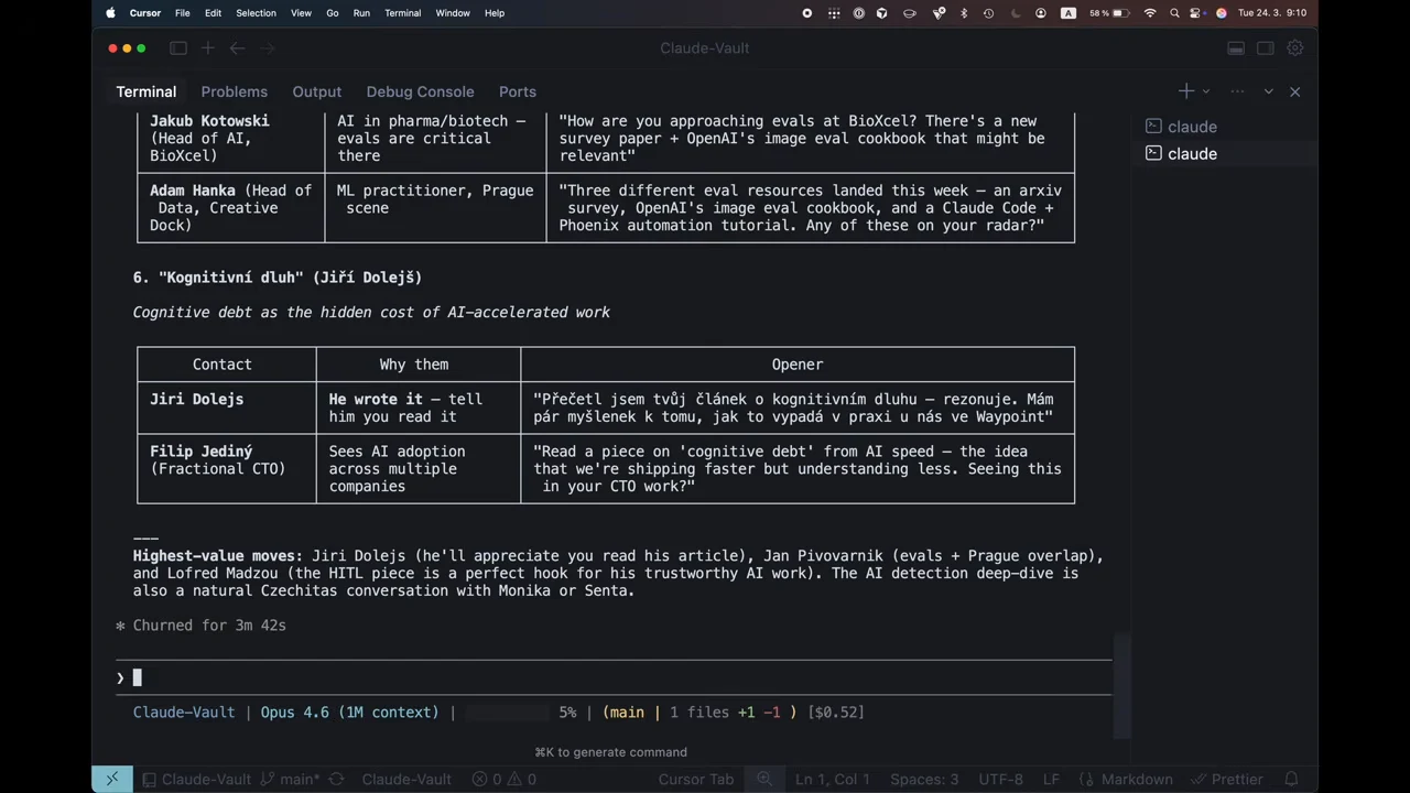 Claude Code results show contact, rationale, and opener columns; Jiří Dolejš’s rationale reads “He wrote it,” followed by a highest-value moves summary.