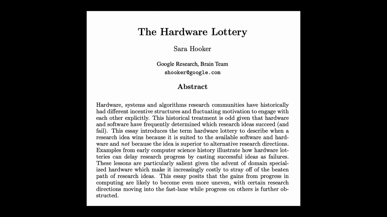 Paper excerpt showing The Hardware Lottery, author Sara Hooker, and its abstract.