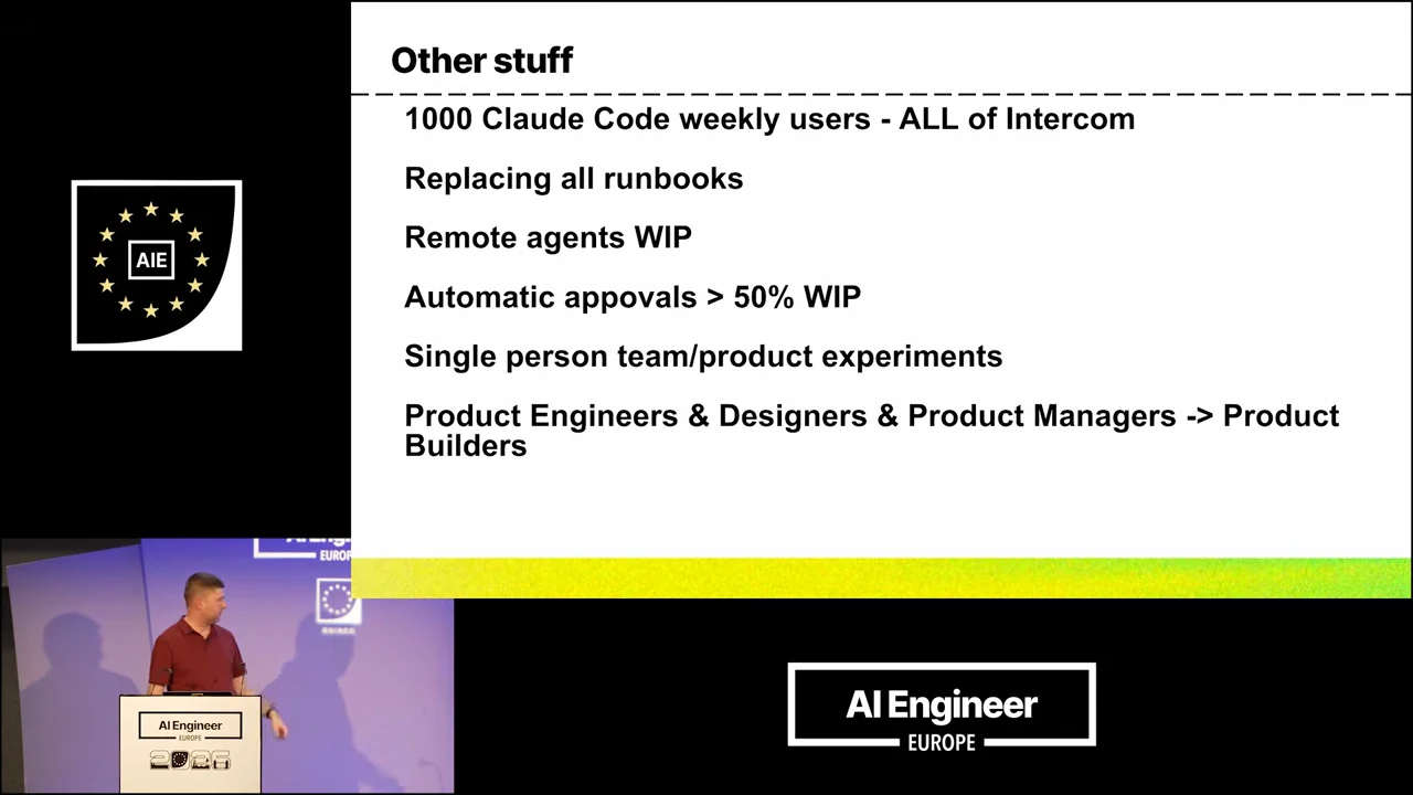 “Other stuff” slide listing 1,000 weekly Claude Code users, replacing runbooks, remote agents, automatic approvals, single-person product experiments, and product-builder roles.
