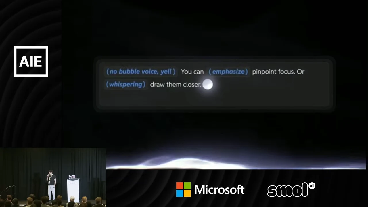 A dark demo panel highlights parenthetical cues including “emphasize” and “whispering” alongside spoken text, above a glowing waveform-like graphic.