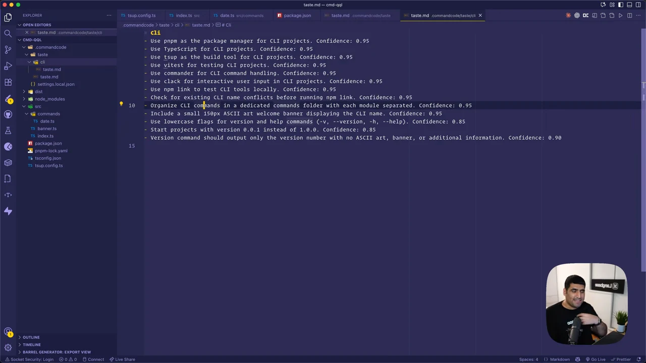 Editor displaying taste.md with CLI preferences for pnpm, TypeScript, tsup, Vitest, Commander, command organization, and version output.