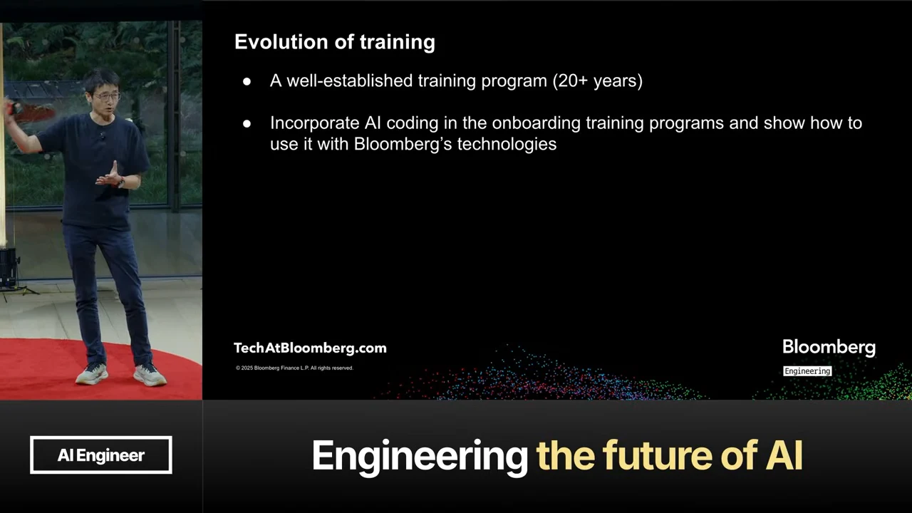 “Evolution of training” slide lists a training program established for over 20 years and incorporating AI coding into onboarding with Bloomberg’s technologies.