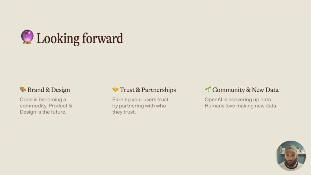 “Looking forward” slide with three columns labeled “Brand & Design,” “Trust & Partnerships,” and “Community & New Data.”