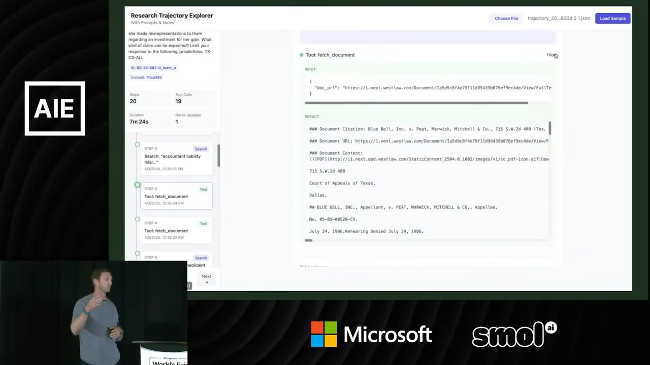 Research Trajectory Explorer with a step list on the left and an expanded fetch_document tool entry showing input and returned court-opinion text.