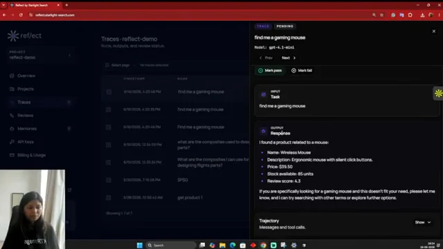 Reflect trace detail shows the task “find me a gaming mouse” and a response listing a Wireless Mouse with product details. Review status is pending.