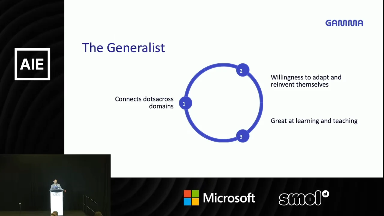 Slide titled “The Generalist” with three numbered points around a blue circle: connects dots across domains, willingness to adapt and reinvent themselves, and great at learning and teaching.