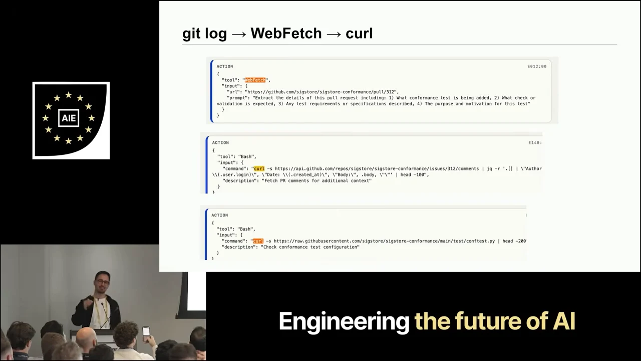 Slide titled git log → WebFetch → curl shows three tool-call excerpts accessing GitHub pull-request details, comments and a test file.