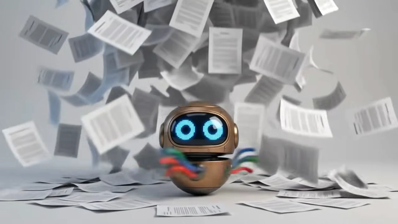 A bronze robot sits amid scattered papers while more documents cascade overhead.