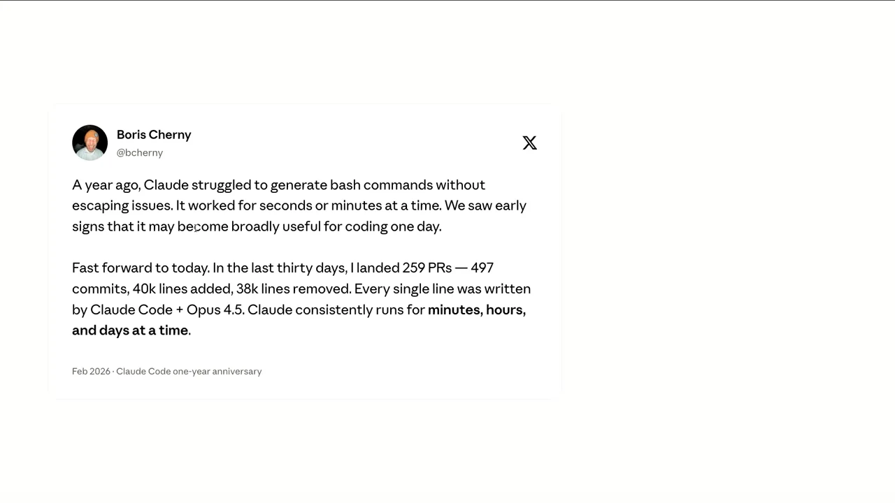 Slide quoting Boris Cherny on early bash escaping problems and later Claude Code runs lasting minutes, hours, and days.