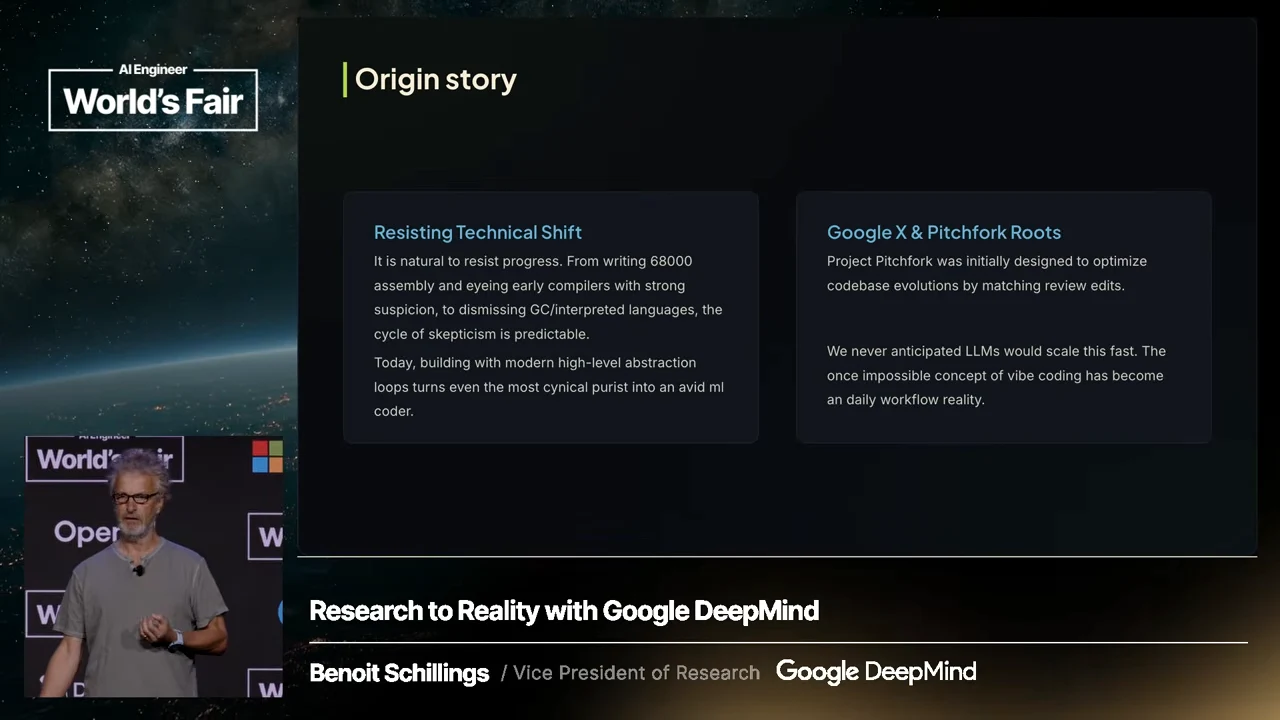 Origin story slide with two panels titled “Resisting Technical Shift” and “Google X & Pitchfork Roots,” alongside a speaker inset.