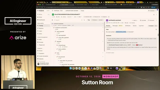 The presenter opens the trace and points out the redacted card number.