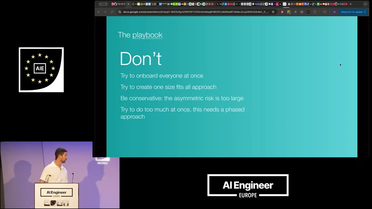 Teal “Don’t” slide lists onboarding everyone at once, a one-size-fits-all approach, being conservative, and doing too much at once.