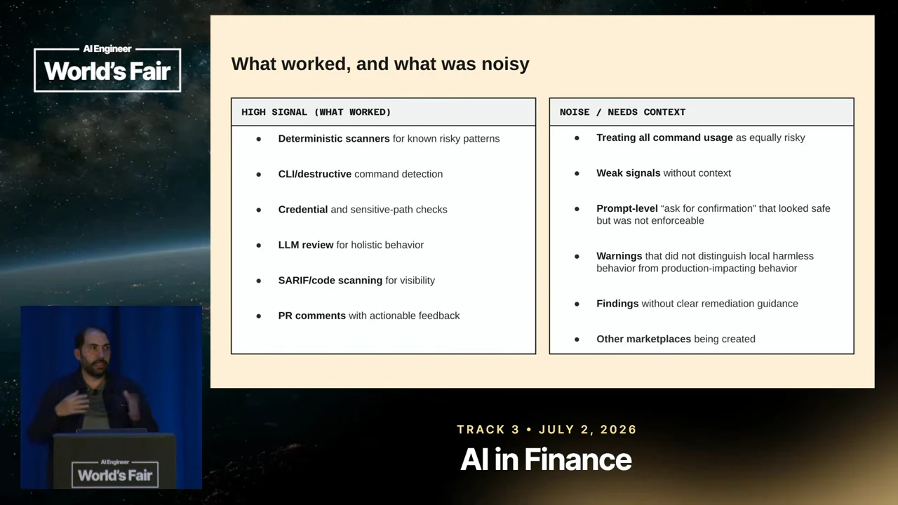 What worked, and what was noisy slide contrasts scanners, credential checks, LLM review, SARIF visibility, and PR feedback with weak signals, unenforceable confirmation prompts, unclear remediation, and other marketplaces.