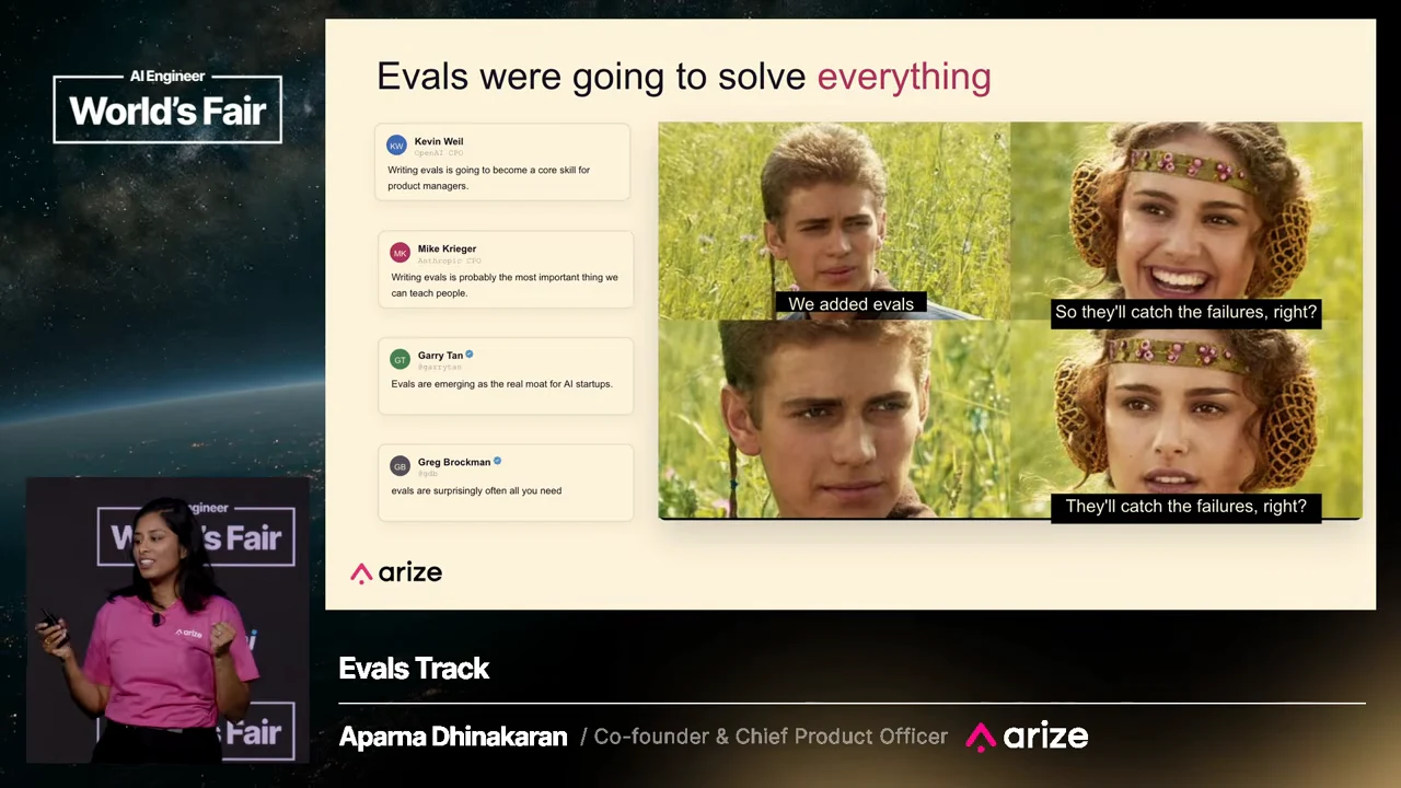 Slide titled “Evals were going to solve everything,” with four quotation cards and a four-panel meme questioning whether added evals catch failures.