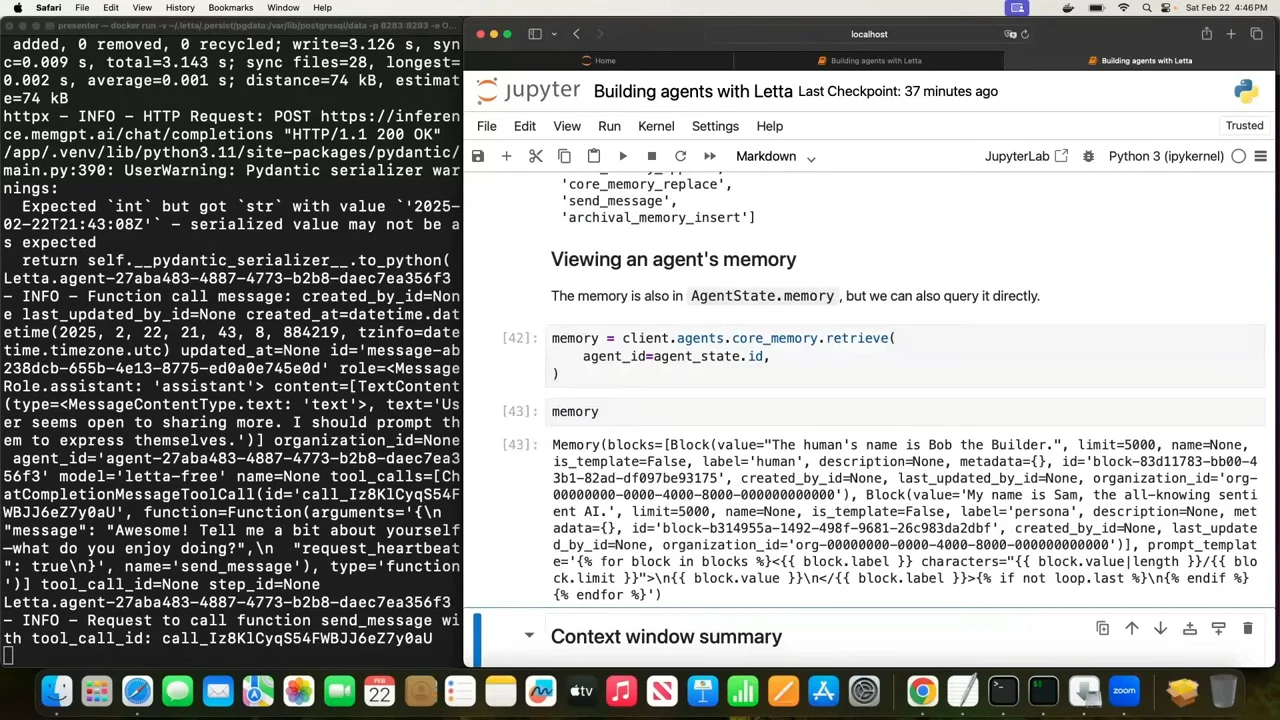Jupyter notebook showing a memory retrieval cell and its returned memory blocks, with the Context window summary heading below and terminal logs on the left.
