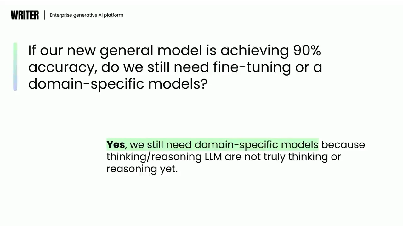 Slide repeats the question about general models reaching 90% accuracy and highlights “Yes, we still need domain-specific models” in green.