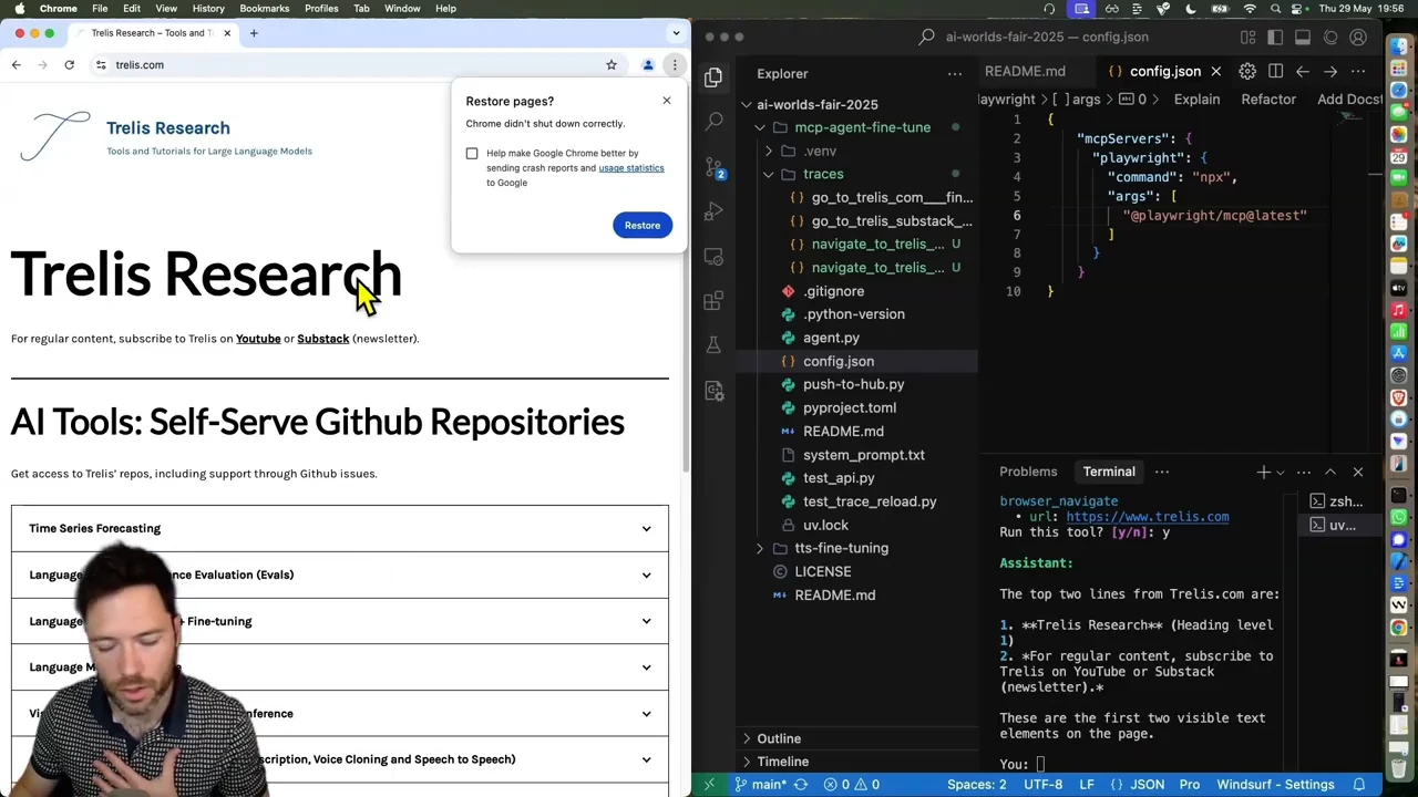 Trelis Research webpage beside an editor terminal showing browser navigation approval and the assistant’s returned text.