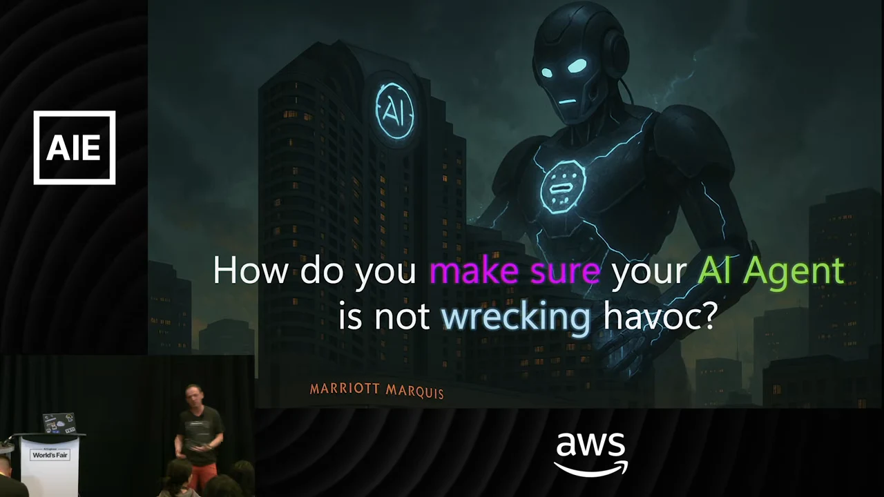 Slide showing a giant robot above city buildings and asking how to keep an AI agent from wrecking havoc.