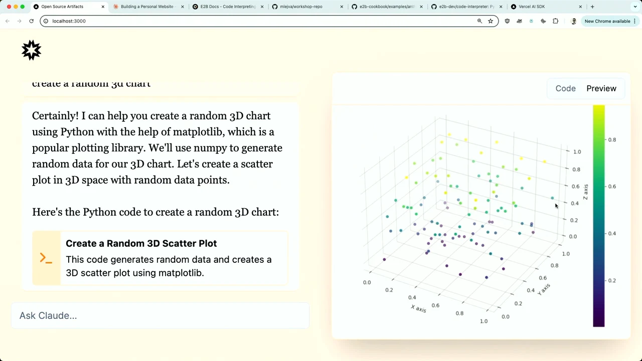 Chat response and a Create a Random 3D Scatter Plot card beside a preview containing colored points on three axes and a vertical color scale.