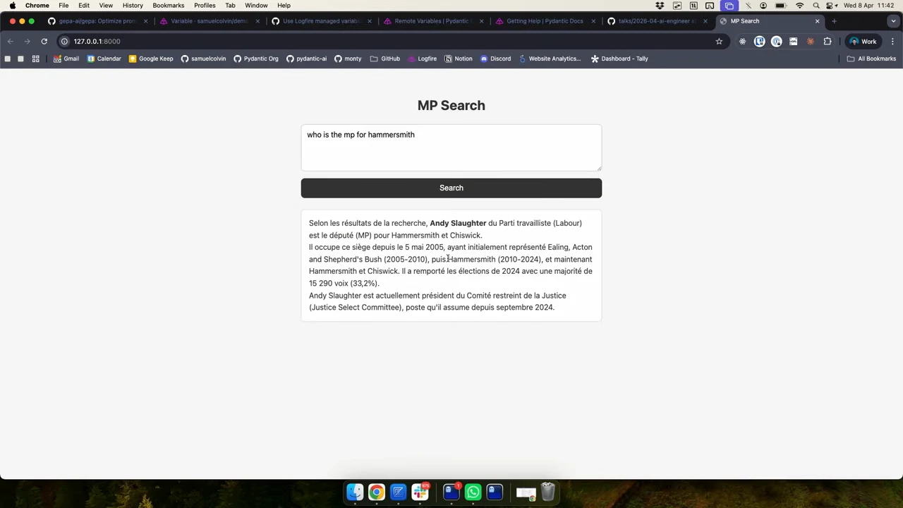 MP Search page with the question 'who is the mp for hammersmith' and a completed French answer naming Andy Slaughter.