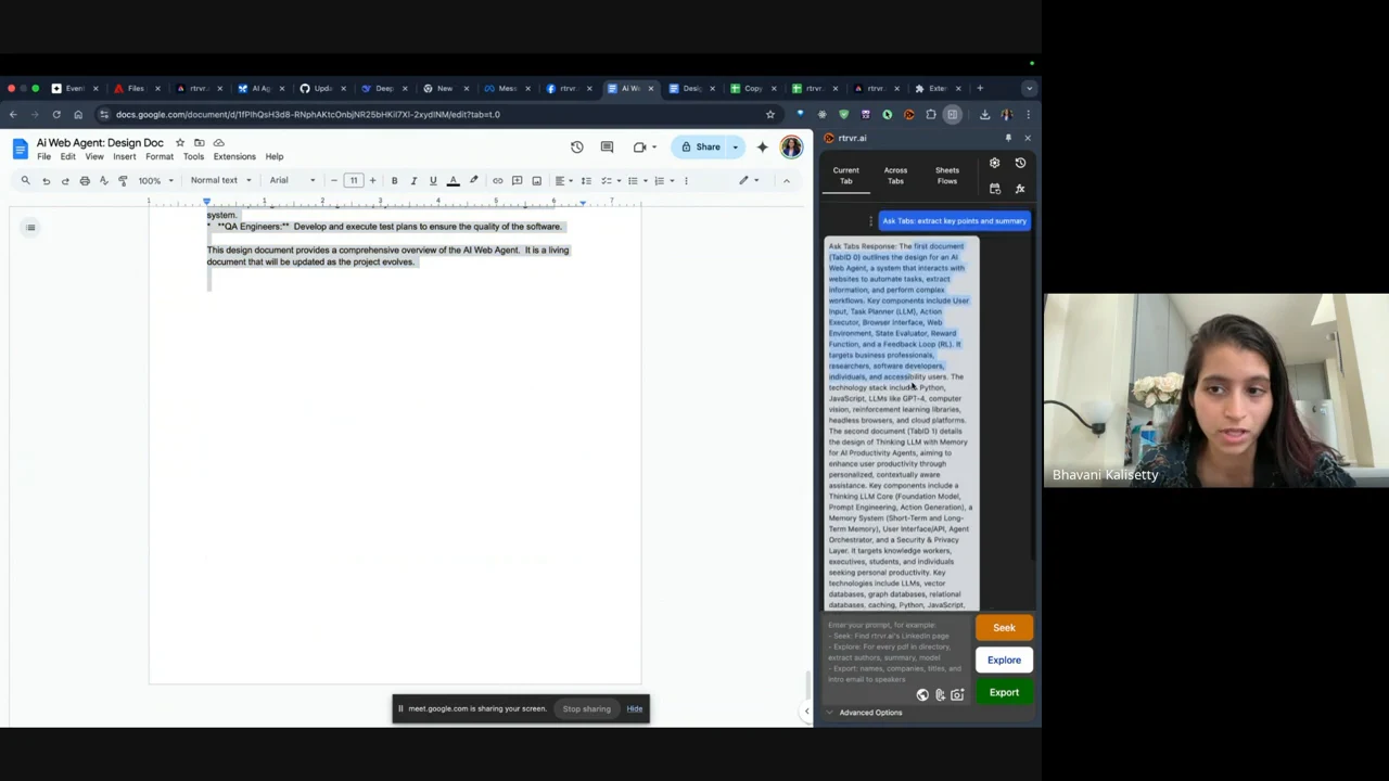 Google Docs displays the end of an AI web agent design document, while the sidebar shows an extraction request and a long response headed “Task Response.”