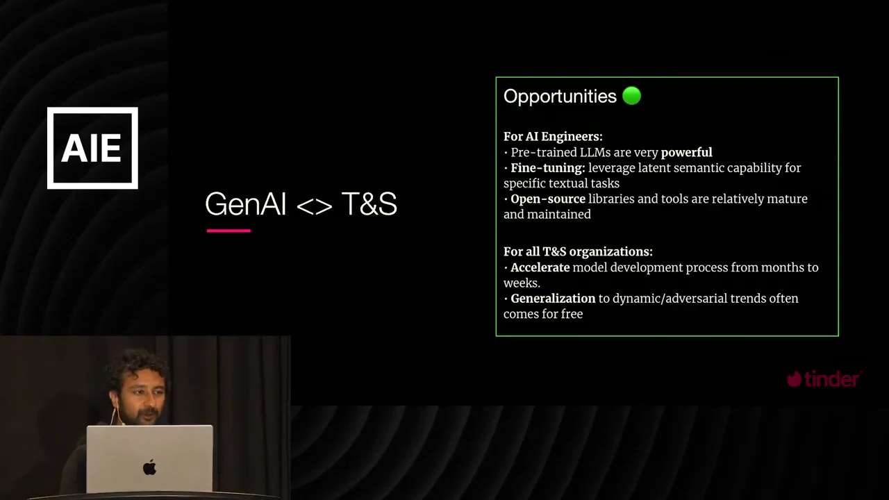A green-bordered opportunities panel lists pretrained LLMs, fine-tuning, open-source tools, faster model development, and generalization to adversarial trends.