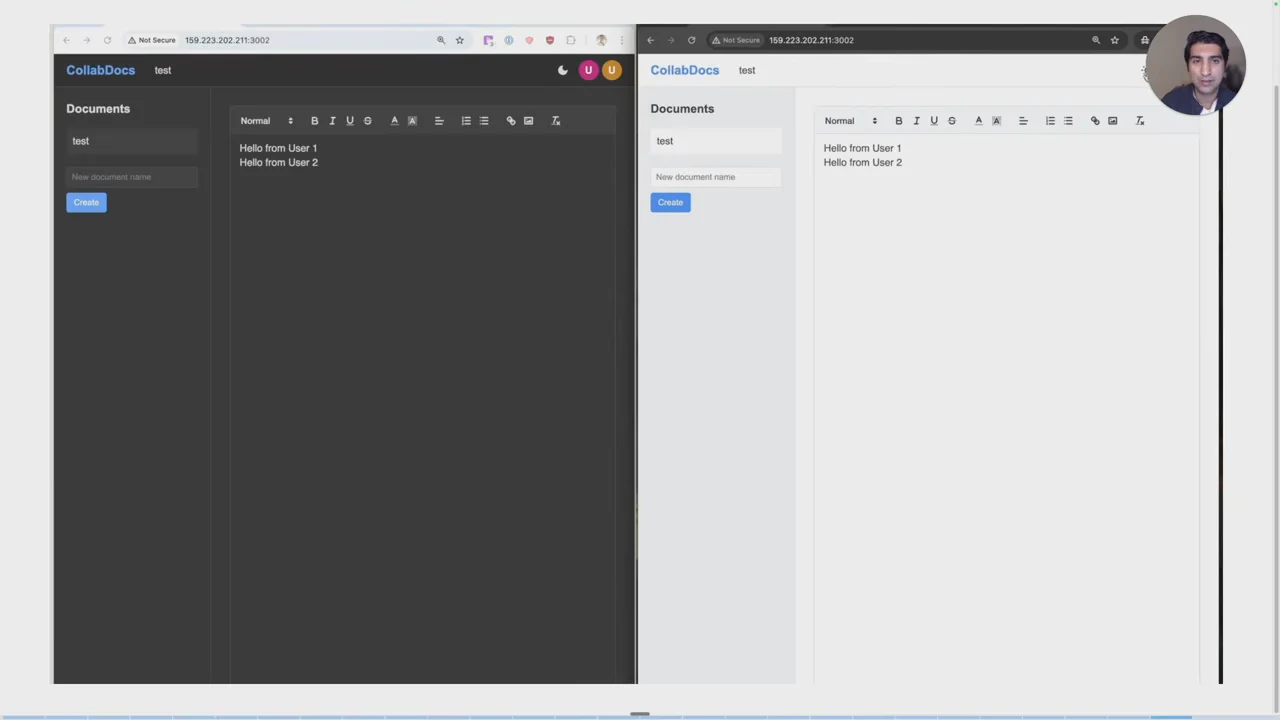 Two browser windows show CollabDocs side by side, one dark and one light, with the same document and greetings from two users.