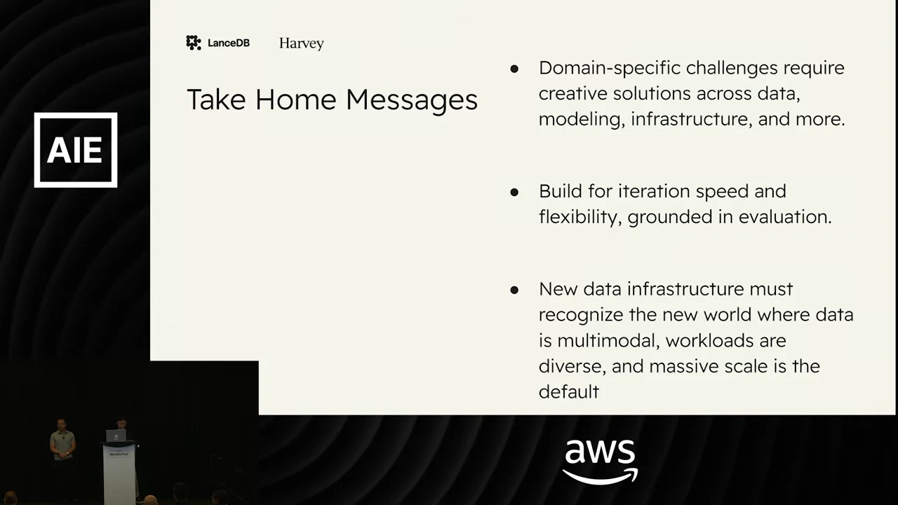 “Take Home Messages” slide with three bullets covering domain-specific data, modeling and infrastructure; iteration speed and flexibility grounded in evaluation; and multimodal data, diverse workloads, and massive scale.