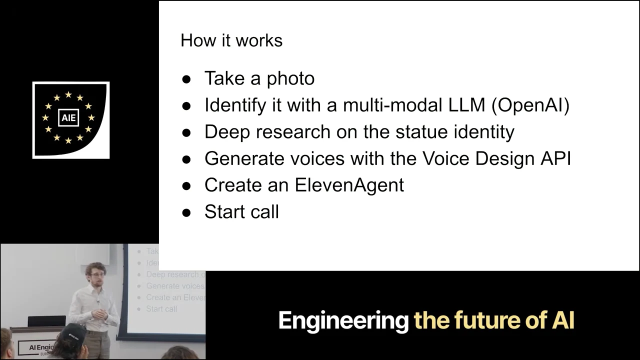 “How it works” slide lists taking a photo, identifying it with a multimodal LLM, researching the statue, generating voices with the Voice Design API, creating an ElevenAgent, and starting a call.